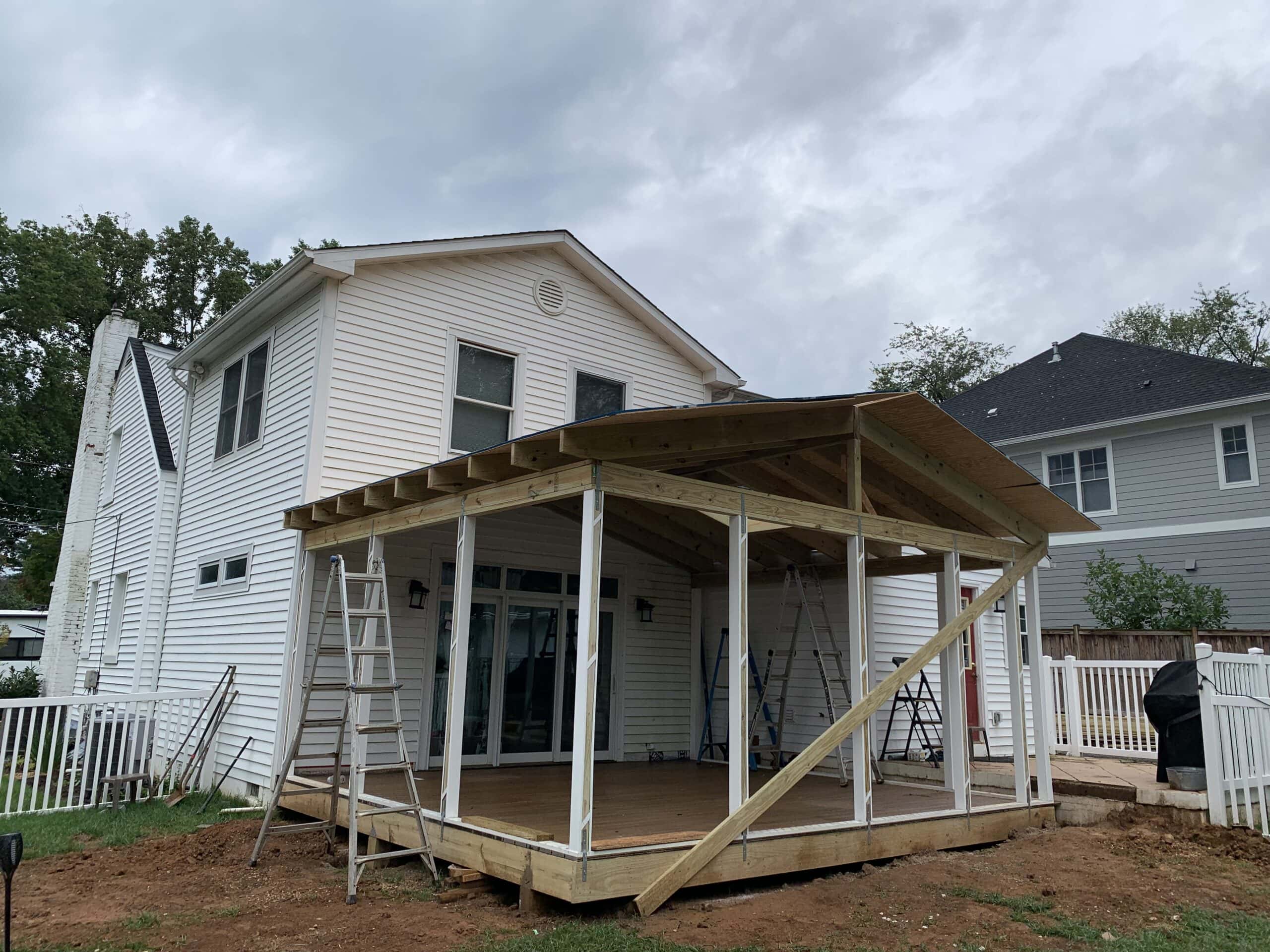 A screened porch being built in the backyard.