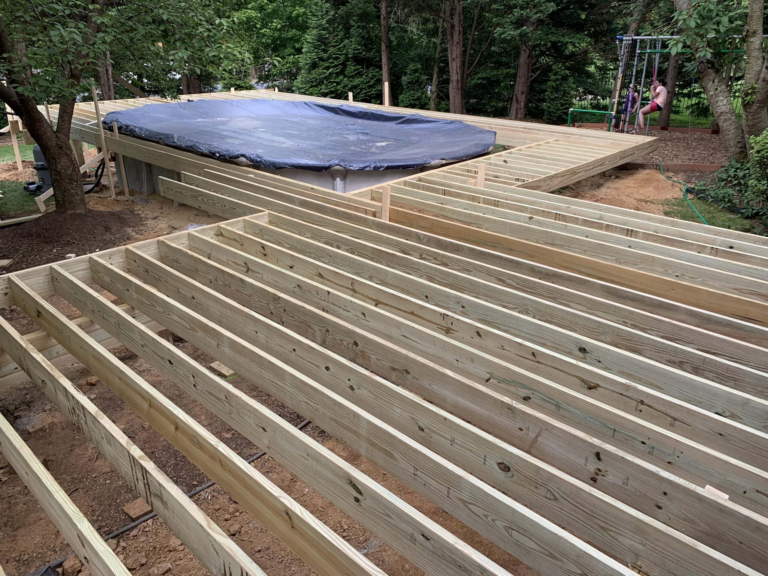 Framing installed around pool for Trex Rocky Harbor composite decking layout