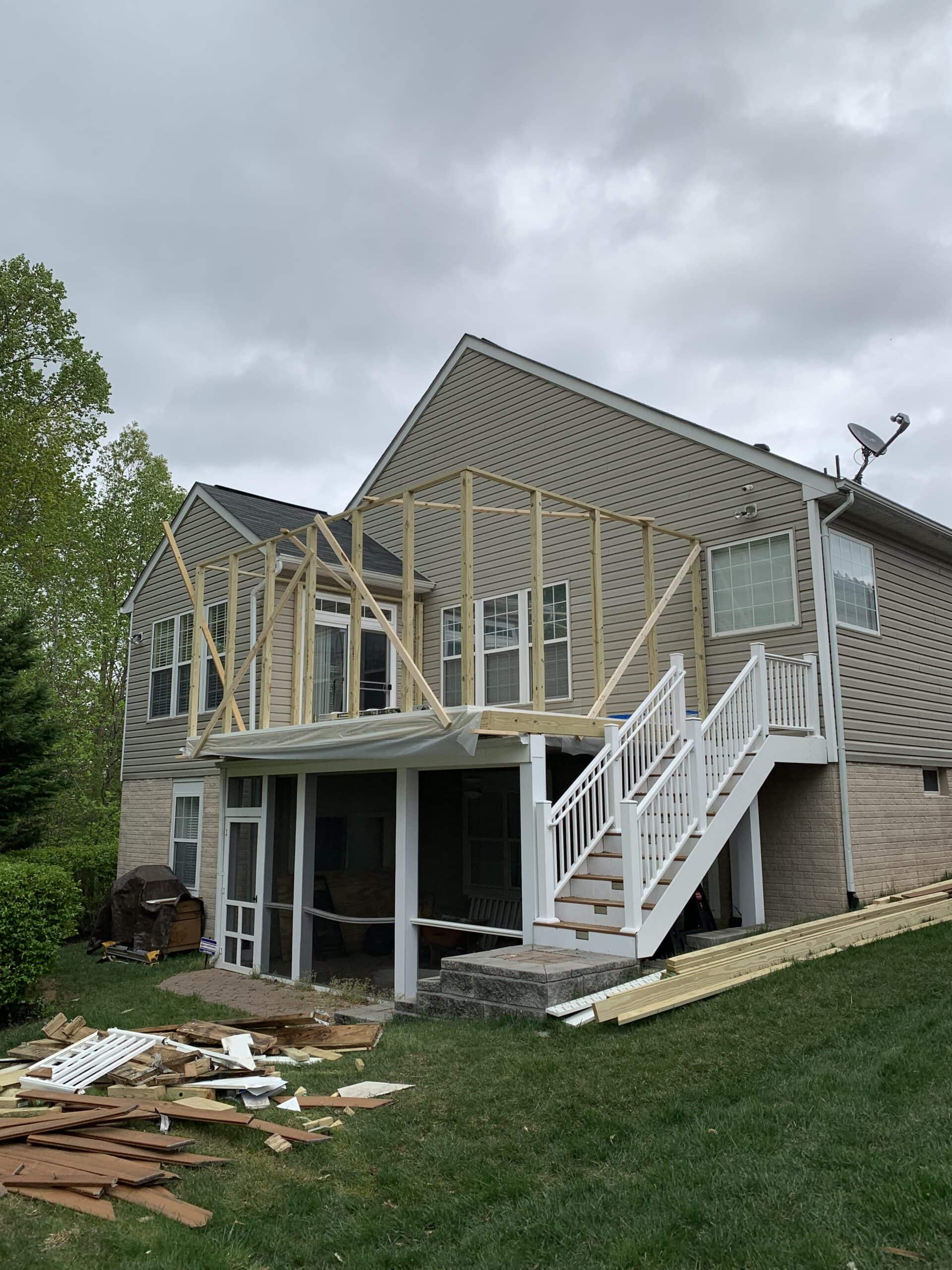 Framing outline of new three-season porch attached to the house exterior