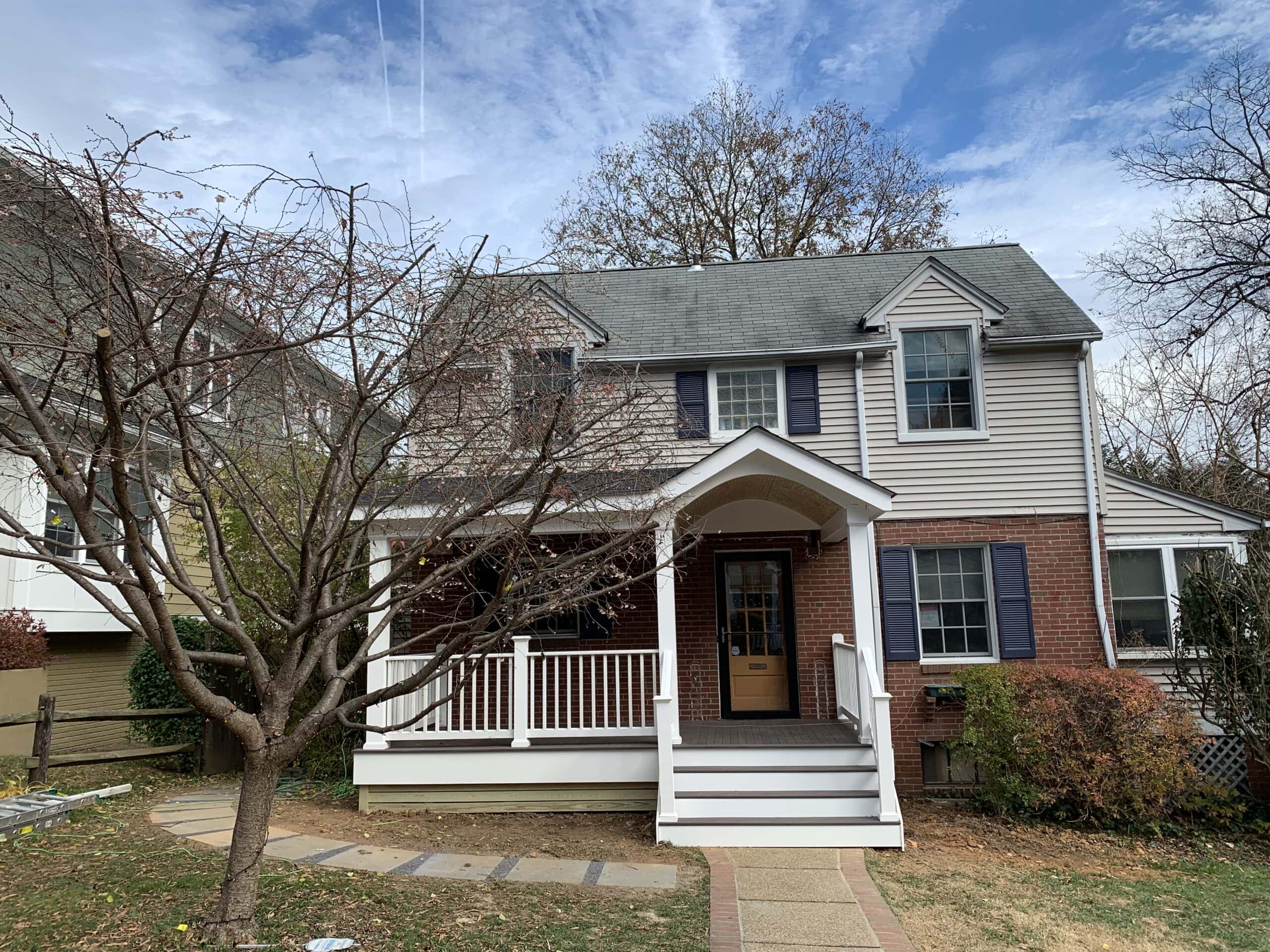 Front view of our completed front porch project