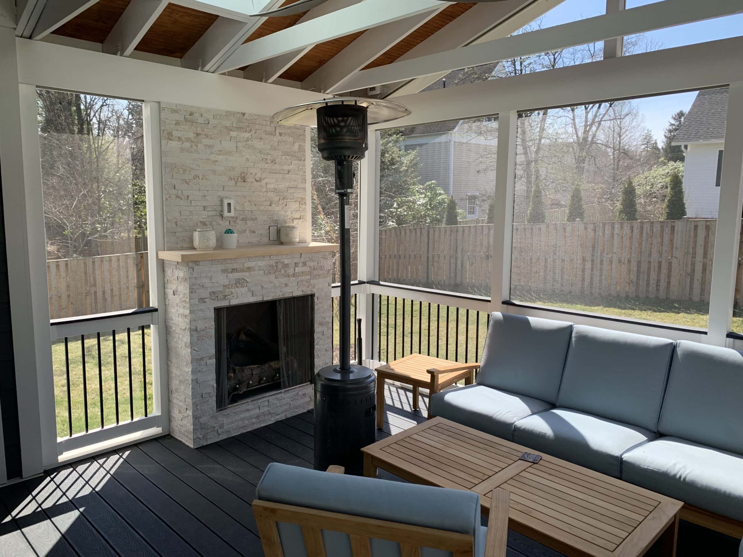 new screened-in porch, Trex decking, charcoal fiberglass screens, and a gas fireplace